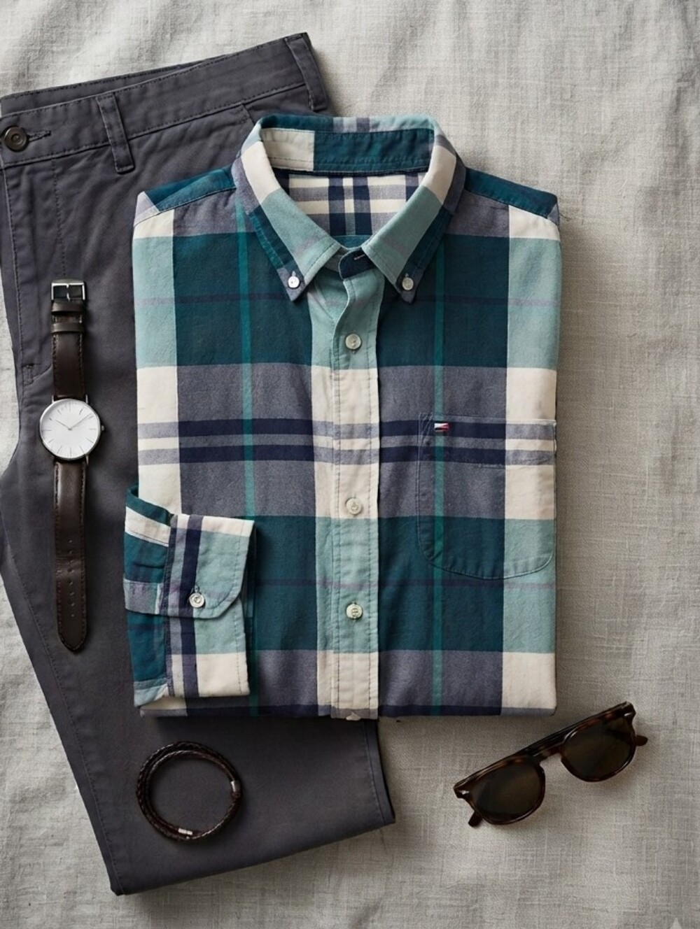 Vintage Texas Cotton Blue Green Plaid Long Sleeve Button Up Shirt